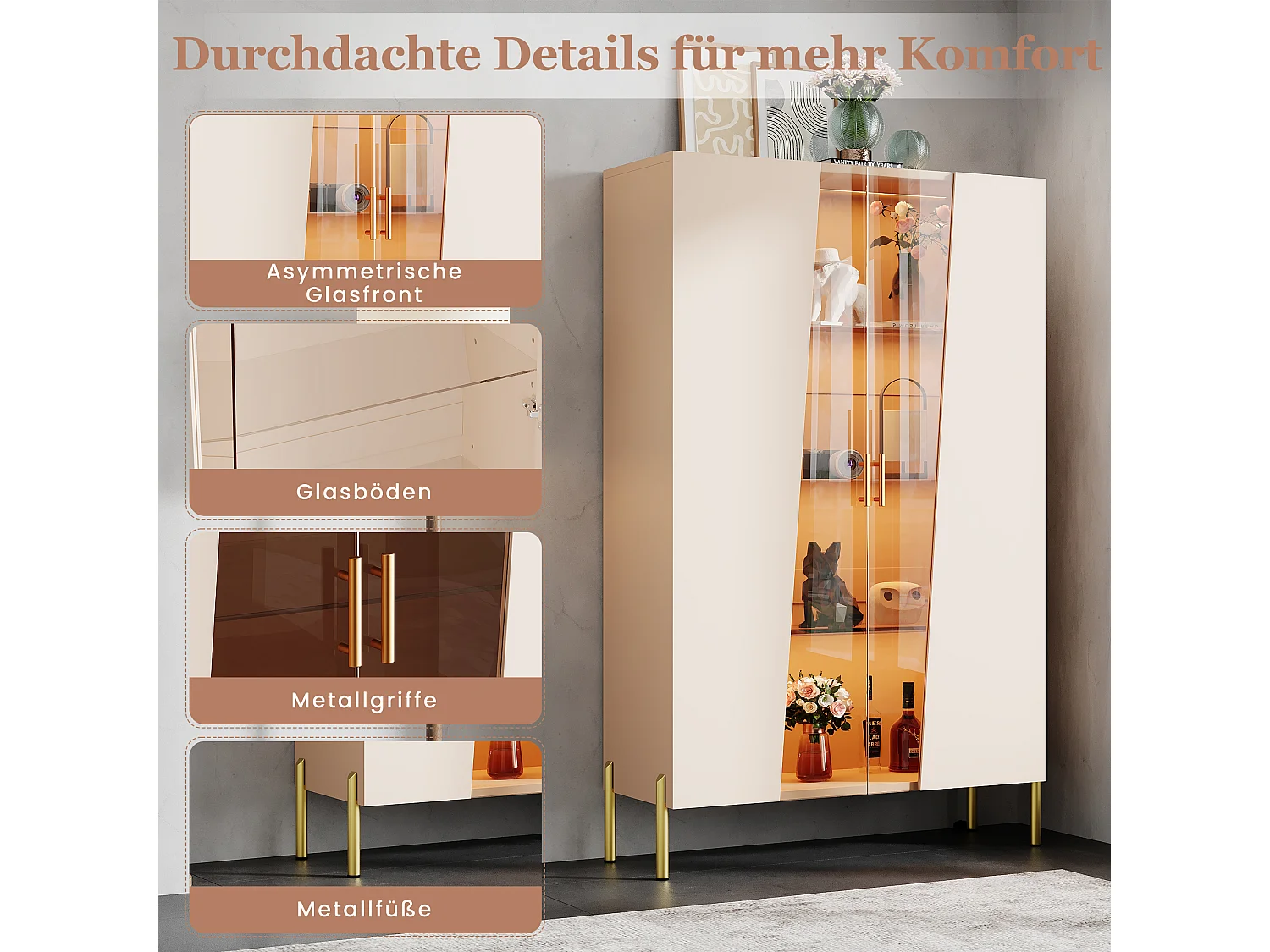 Vetrina in vetro 72x40x145 cm - con illuminazione LED - 2 ante e 3 ripiani in vetro - maniglie e base in metallo - beige