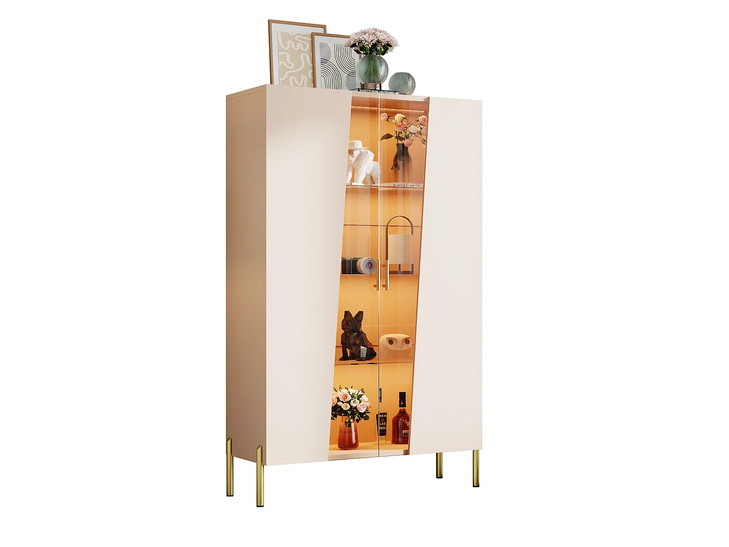 Vetrina in vetro 72x40x145 cm - con illuminazione LED - 2 ante e 3 ripiani in vetro - maniglie e base in metallo - beige