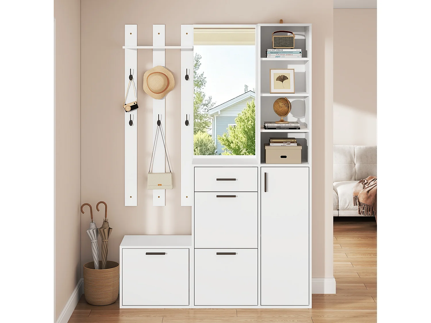 Schuhschrank mit Spiegel, 6 Haken, 4 Türen, 1 Schublade und Sitzbank – Spanplatte/MDF – 120 x 30 x 178 cm – Weiß