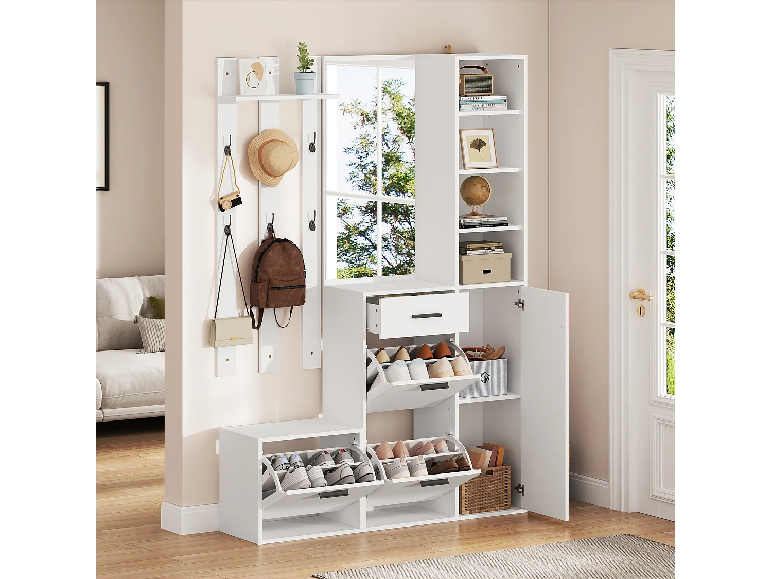 Schuhschrank mit Spiegel, 6 Haken, 4 Türen, 1 Schublade und Sitzbank – Spanplatte/MDF – 120 x 30 x 178 cm – Weiß