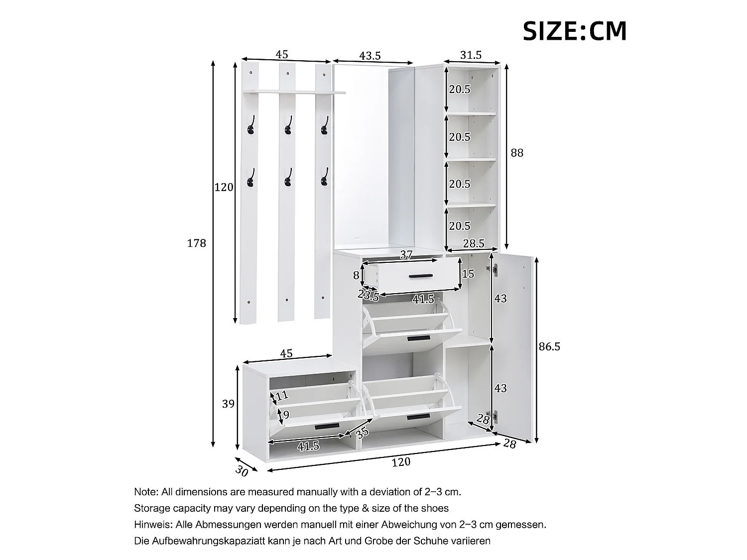 Schuhschrank mit Spiegel, 6 Haken, 4 Türen, 1 Schublade und Sitzbank – Spanplatte/MDF – 120 x 30 x 178 cm – Weiß