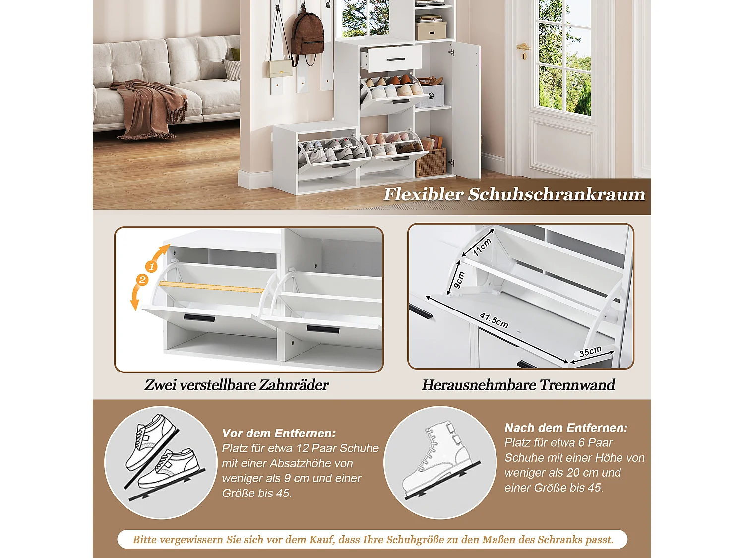 Schuhschrank mit Spiegel, 6 Haken, 4 Türen, 1 Schublade und Sitzbank – Spanplatte/MDF – 120 x 30 x 178 cm – Weiß
