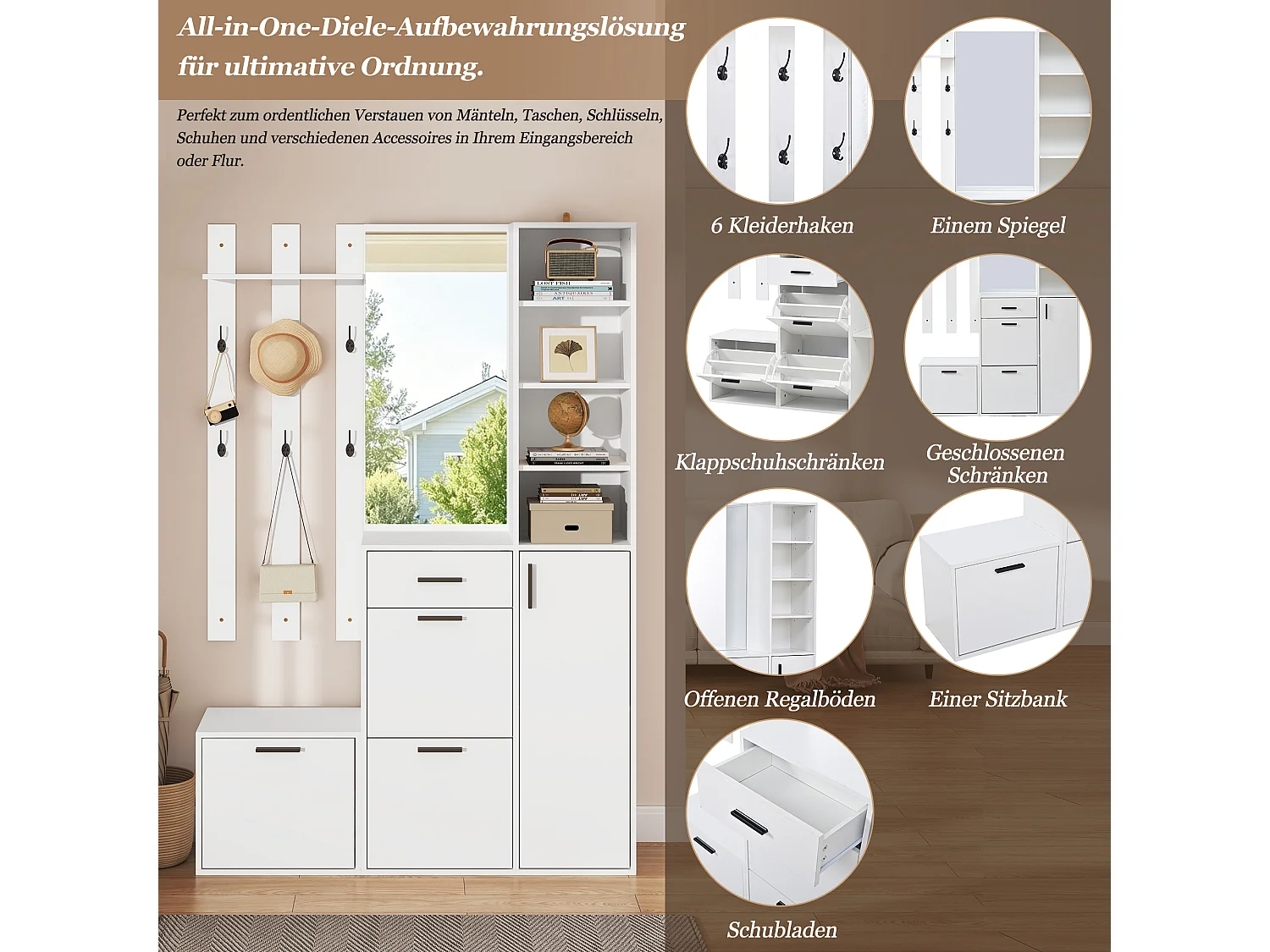 Schuhschrank mit Spiegel, 6 Haken, 4 Türen, 1 Schublade und Sitzbank – Spanplatte/MDF – 120 x 30 x 178 cm – Weiß