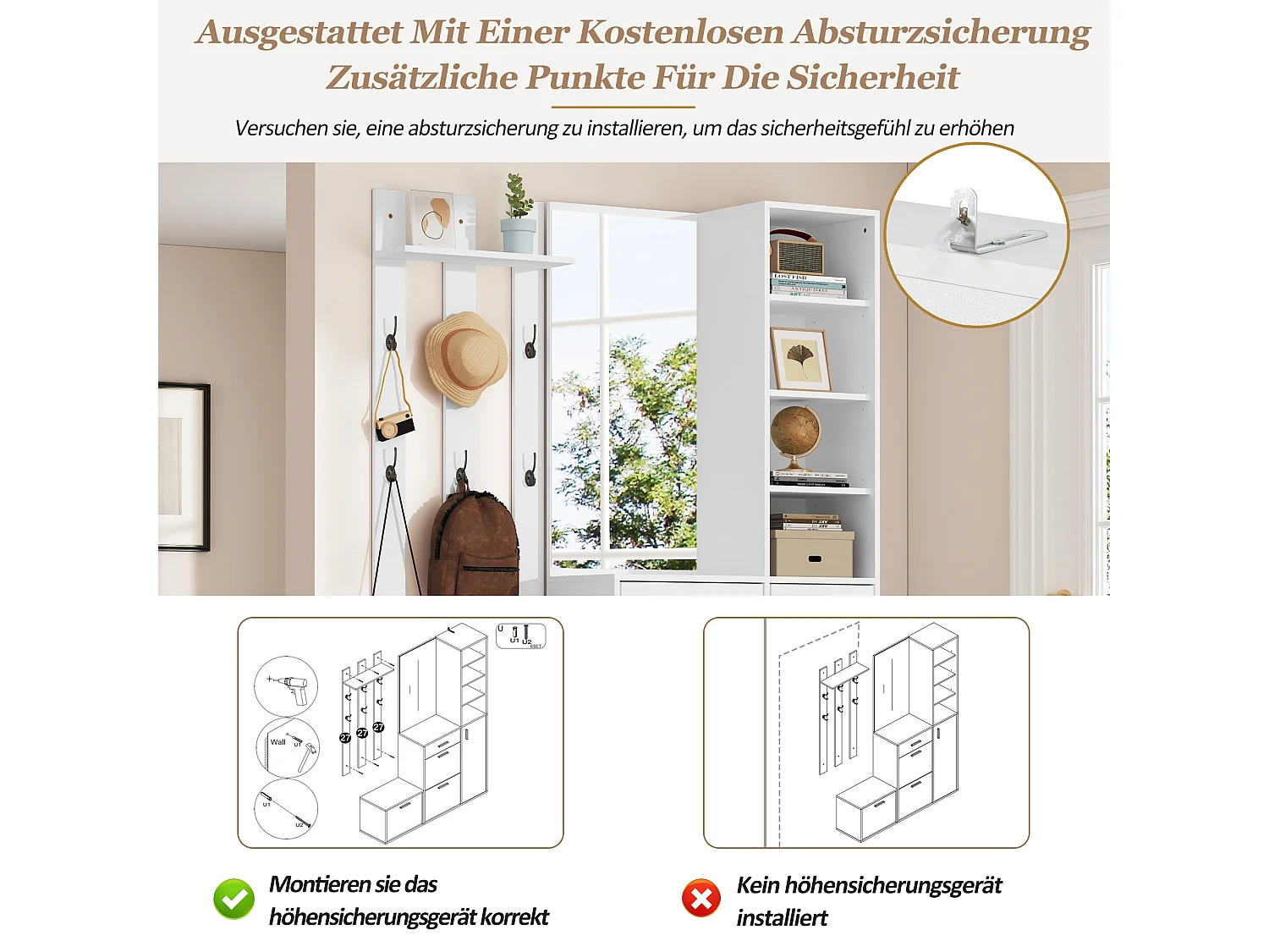Schuhschrank mit Spiegel, 6 Haken, 4 Türen, 1 Schublade und Sitzbank – Spanplatte/MDF – 120 x 30 x 178 cm – Weiß