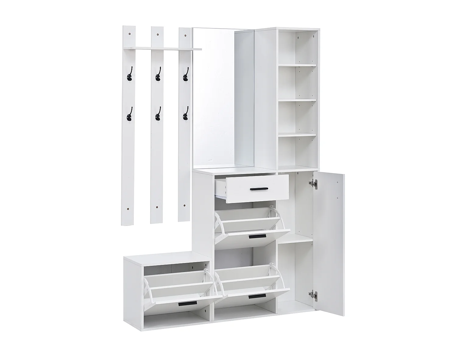 Schuhschrank mit Spiegel, 6 Haken, 4 Türen, 1 Schublade und Sitzbank – Spanplatte/MDF – 120 x 30 x 178 cm – Weiß
