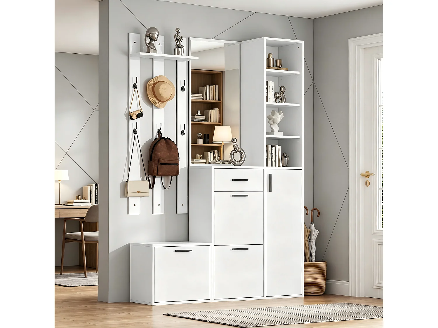 Schuhschrank mit Spiegel, 6 Haken, 4 Türen, 1 Schublade und Sitzbank – Spanplatte/MDF – 120 x 30 x 178 cm – Weiß