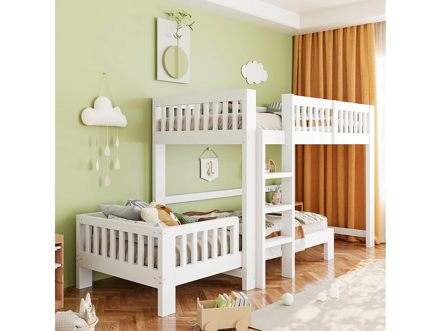 Lit superposé enfant 90x200 cm - avec barrières de sécurité - avec échelle de sécurité - blanc (matelas non inclus)