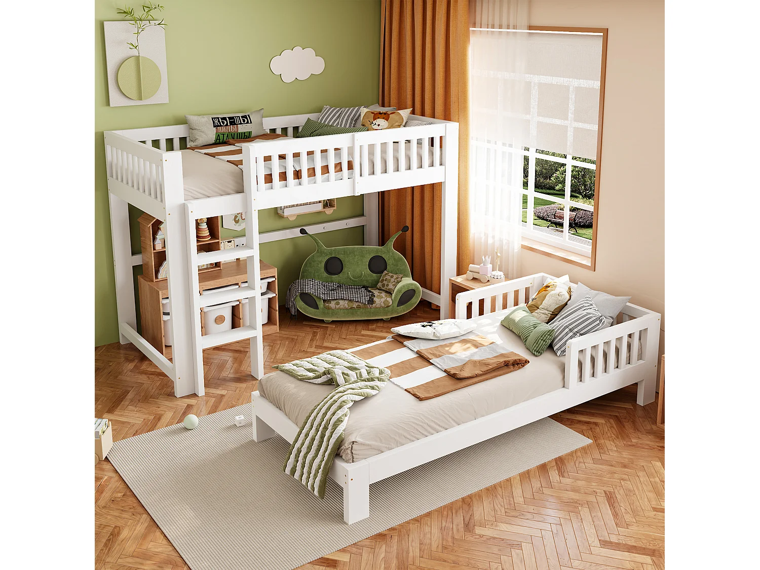 Lit superposé enfant 90x200 cm - avec barrières de sécurité - avec échelle de sécurité - blanc (matelas non inclus)