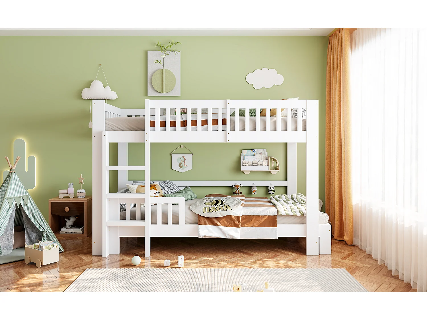 Lit superposé enfant 90x200 cm - avec barrières de sécurité - avec échelle de sécurité - blanc (matelas non inclus)