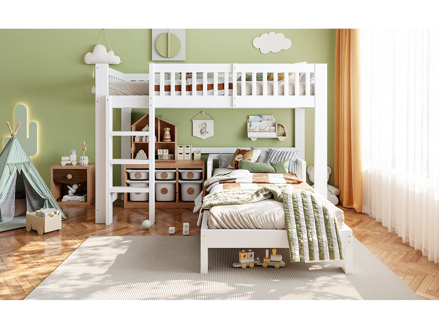 Lit superposé enfant 90x200 cm - avec barrières de sécurité - avec échelle de sécurité - blanc (matelas non inclus)