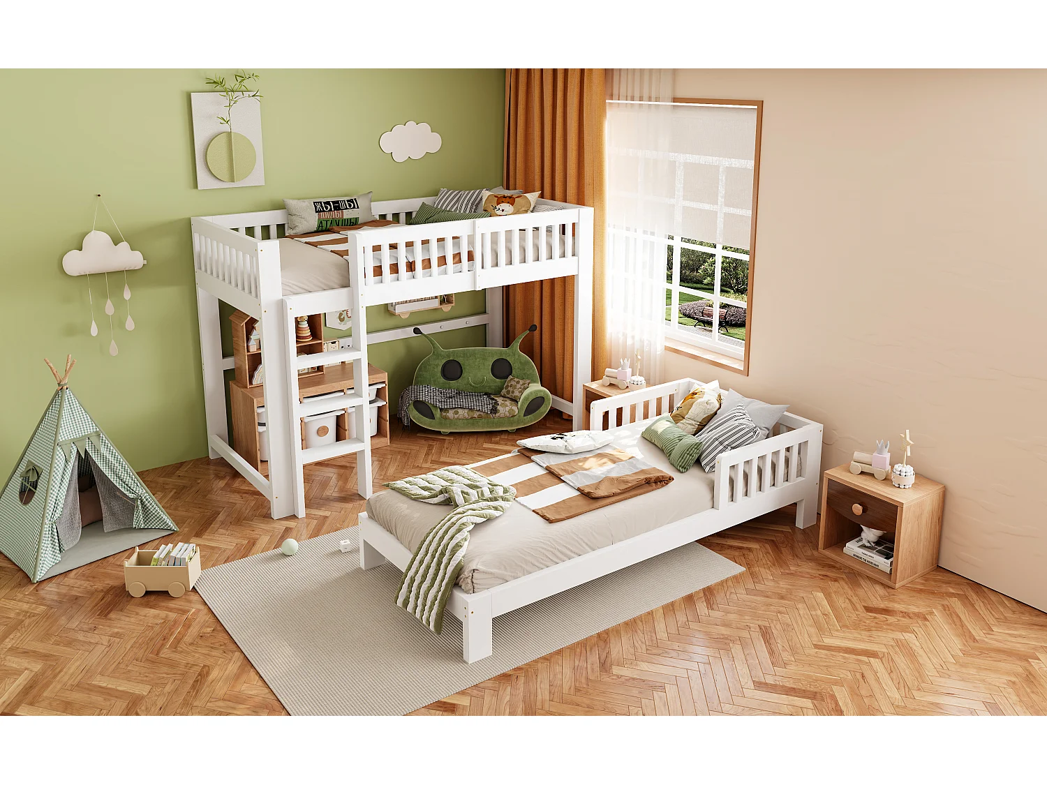 Lit superposé enfant 90x200 cm - avec barrières de sécurité - avec échelle de sécurité - blanc (matelas non inclus)