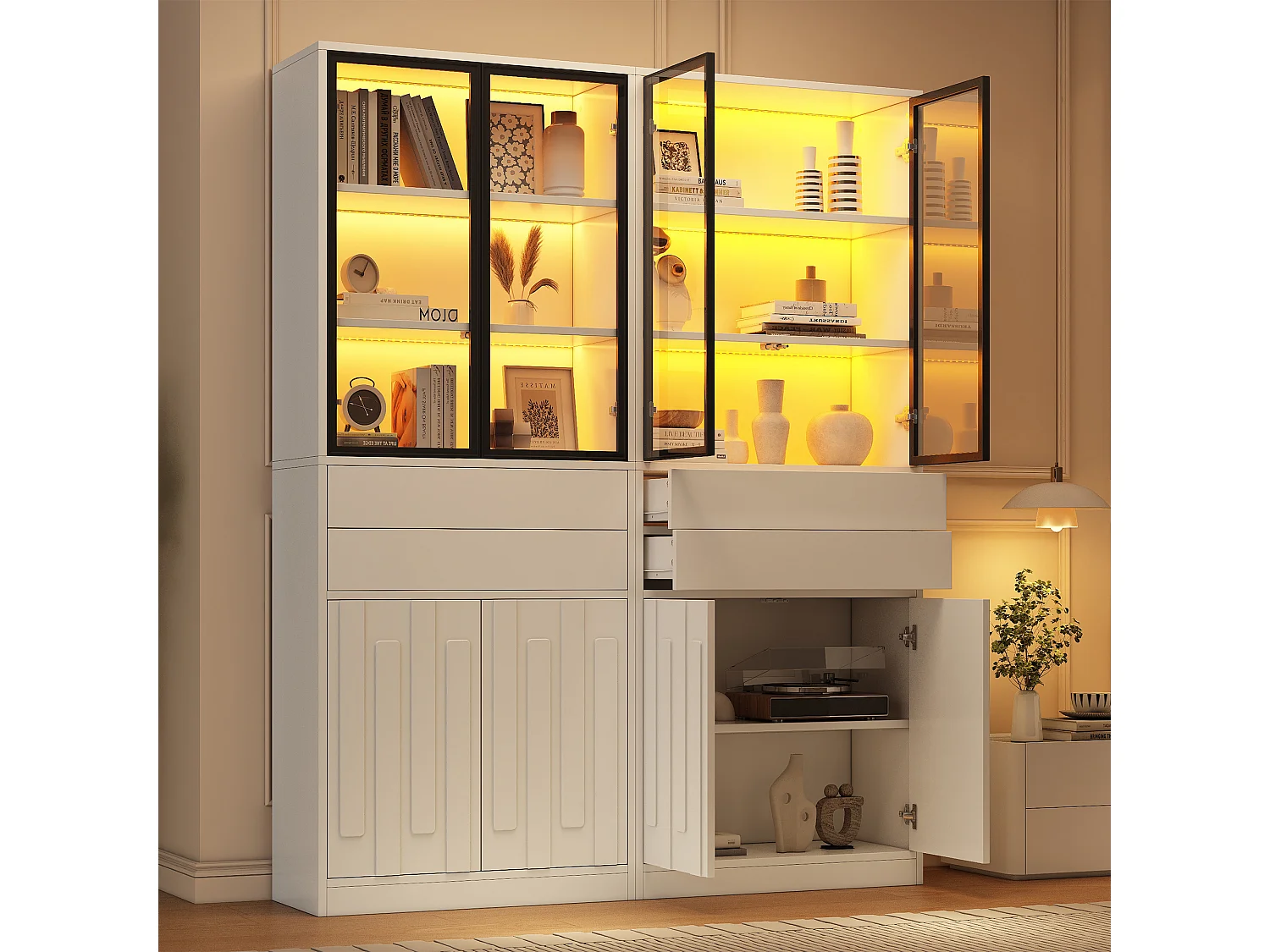 Vitrine 140x34x180 cm - 8 deuren en 4 laden - Vitrine met glas en LED-verlichting - Spaanplaat - Wit