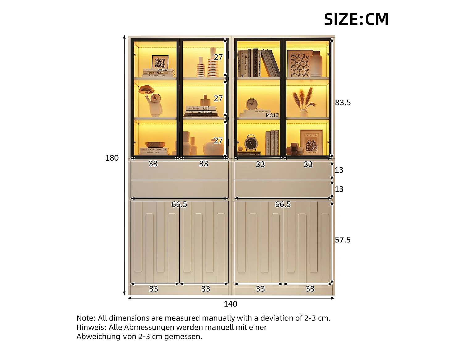 Vitrine 140x34x180 cm - 8 deuren en 4 laden - Vitrine met glas en LED-verlichting - Spaanplaat - Wit