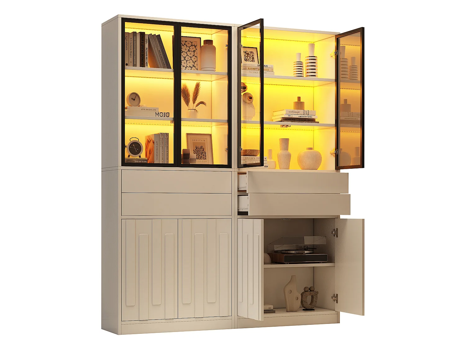 Vitrine 140x34x180 cm - 8 deuren en 4 laden - Vitrine met glas en LED-verlichting - Spaanplaat - Wit