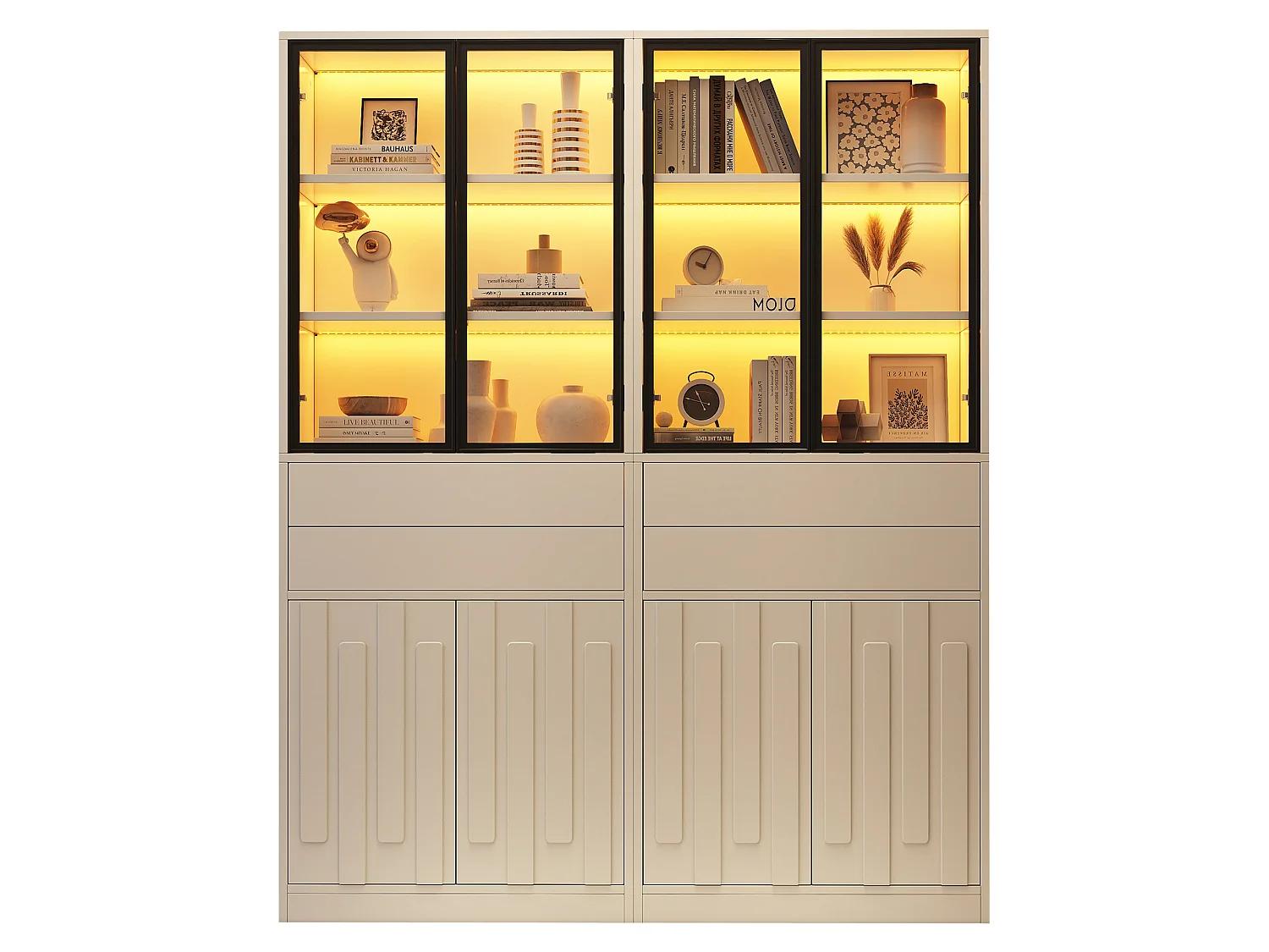 Vitrine 140x34x180 cm - 8 deuren en 4 laden - Vitrine met glas en LED-verlichting - Spaanplaat - Wit