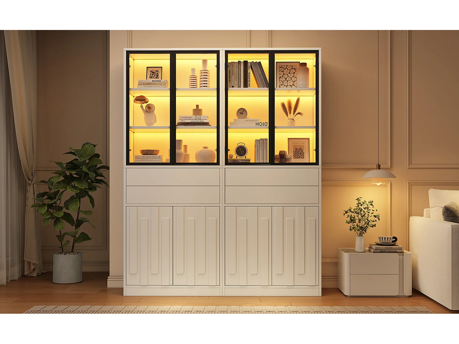 Vitrine 140x34x180 cm - 8 deuren en 4 laden - Vitrine met glas en LED-verlichting - Spaanplaat - Wit