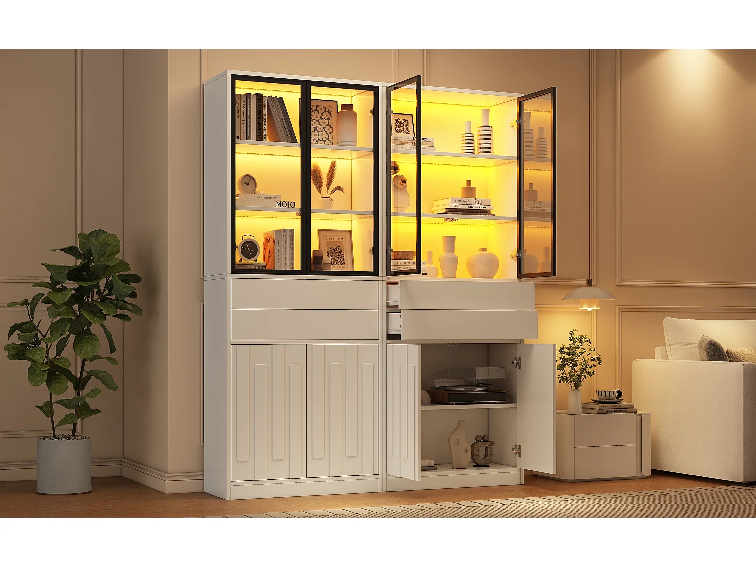 Vitrine 140x34x180 cm - 8 deuren en 4 laden - Vitrine met glas en LED-verlichting - Spaanplaat - Wit