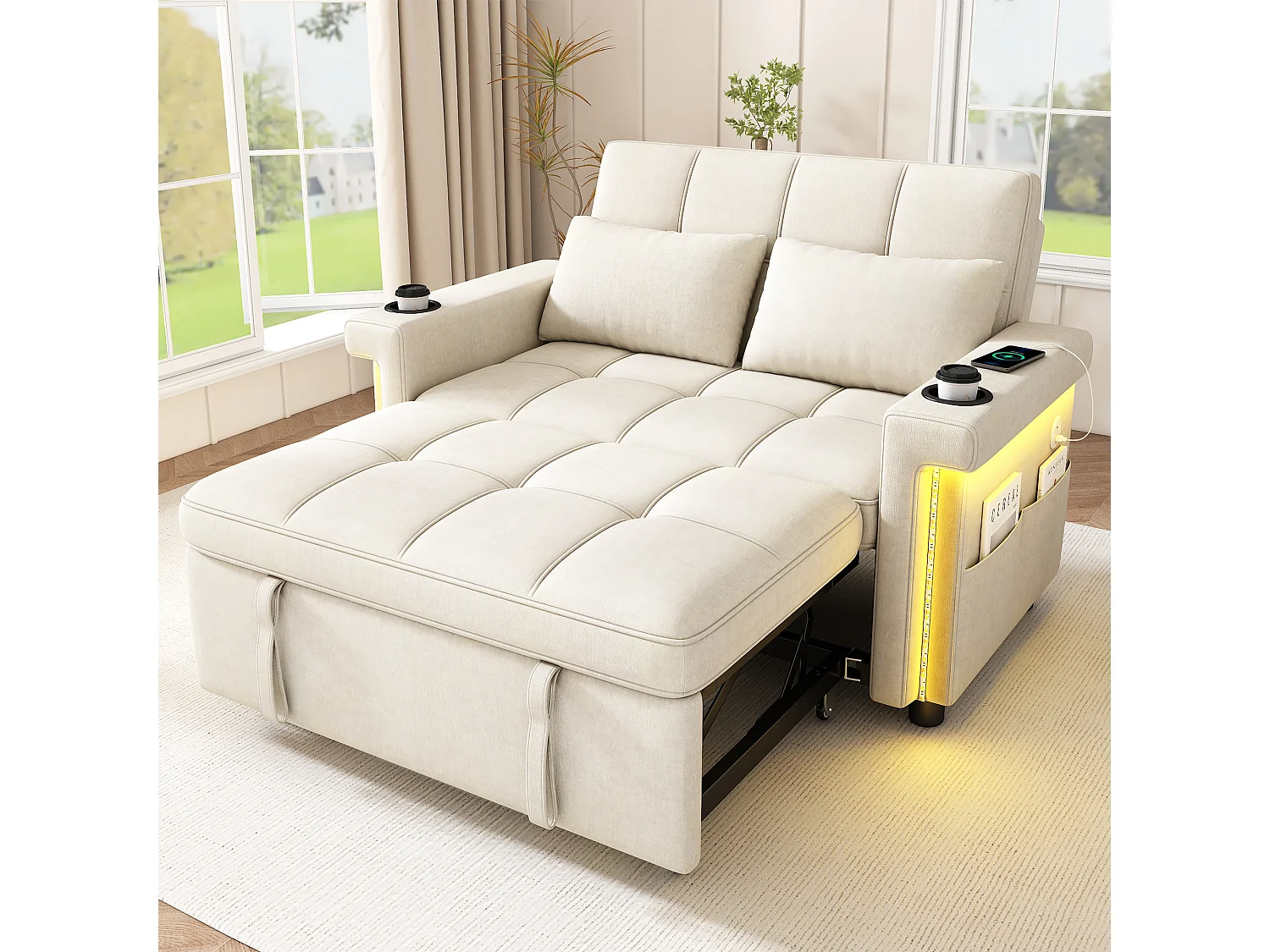 Divano 2 posti - con illuminazione LED - con porta di ricarica USB/Type-C - con schienale regolabile - con cuscini, portabicchieri e tasche laterali - beige