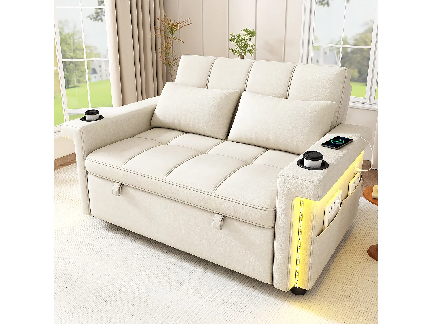 Divano 2 posti - con illuminazione LED - con porta di ricarica USB/Type-C - con schienale regolabile - con cuscini, portabicchieri e tasche laterali - beige