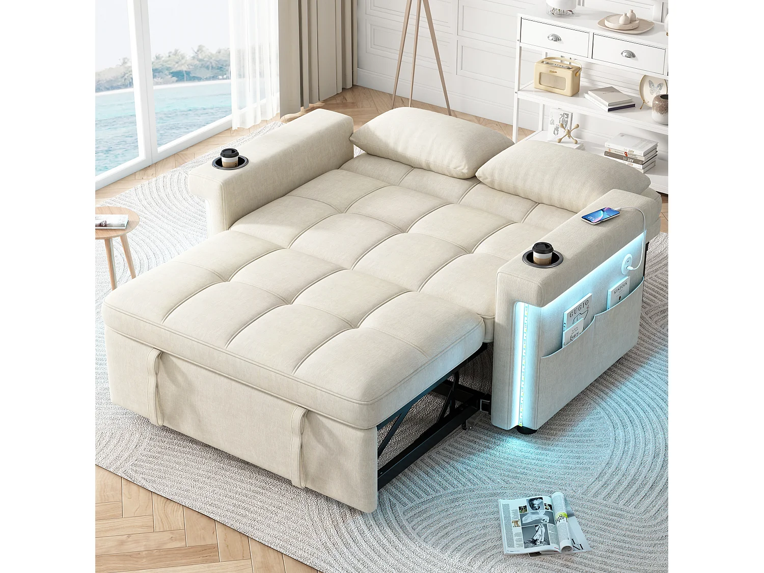 Divano 2 posti - con illuminazione LED - con porta di ricarica USB/Type-C - con schienale regolabile - con cuscini, portabicchieri e tasche laterali - beige
