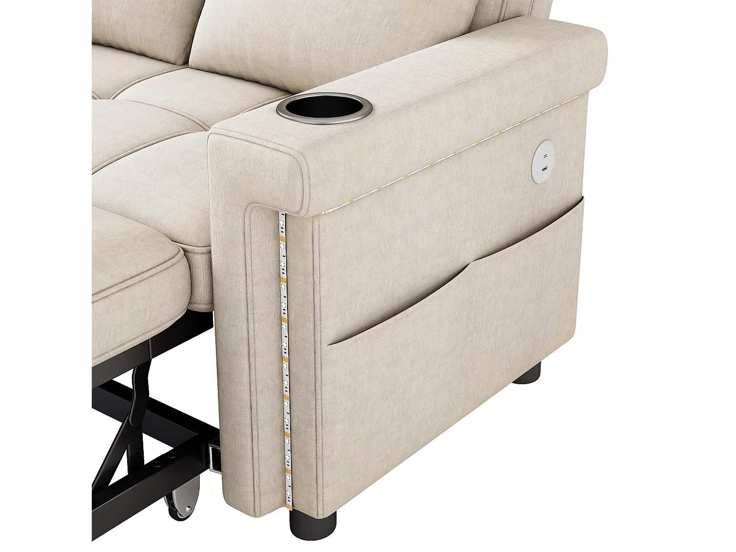Divano 2 posti - con illuminazione LED - con porta di ricarica USB/Type-C - con schienale regolabile - con cuscini, portabicchieri e tasche laterali - beige