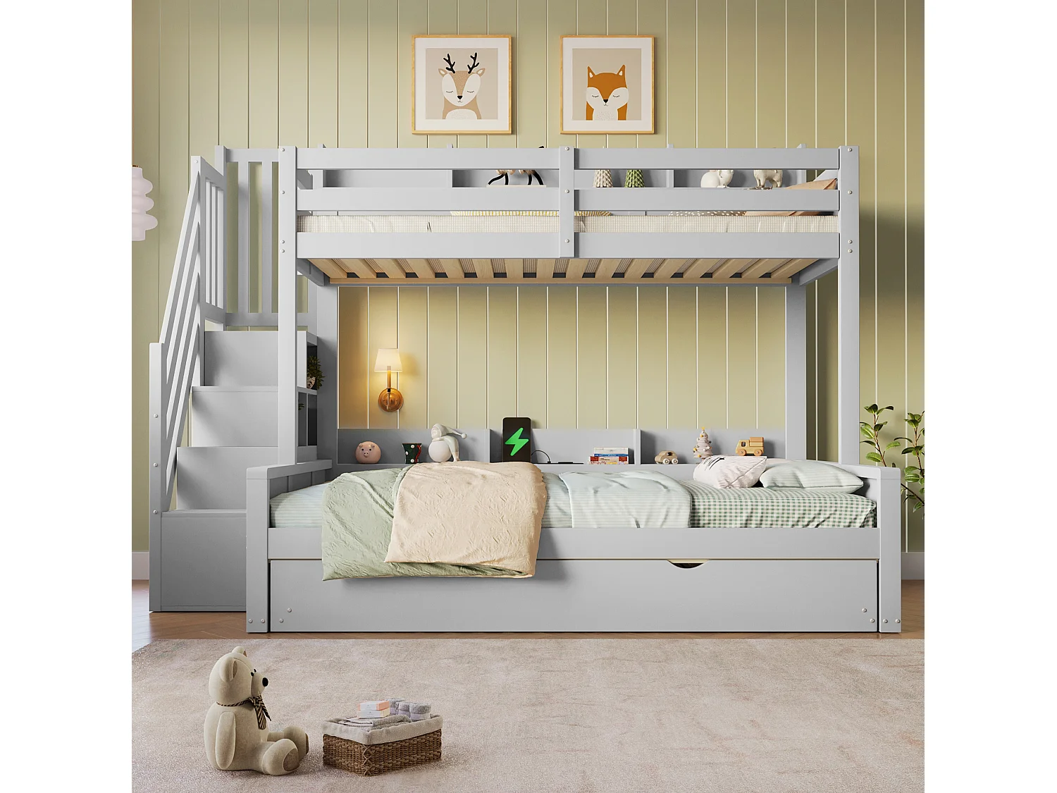 Våningssäng 90x200cm + 140x200cm - med utdragssäng - med förvaringsstege och USB-port - MDF - Grå (utan madrass)