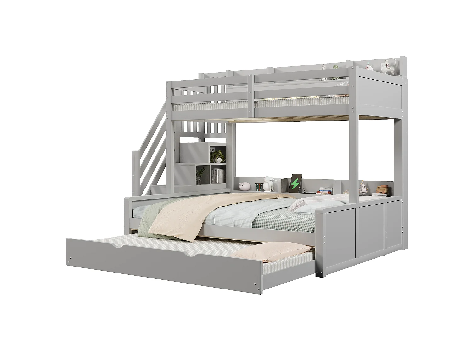 Våningssäng 90x200cm + 140x200cm - med utdragssäng - med förvaringsstege och USB-port - MDF - Grå (utan madrass)