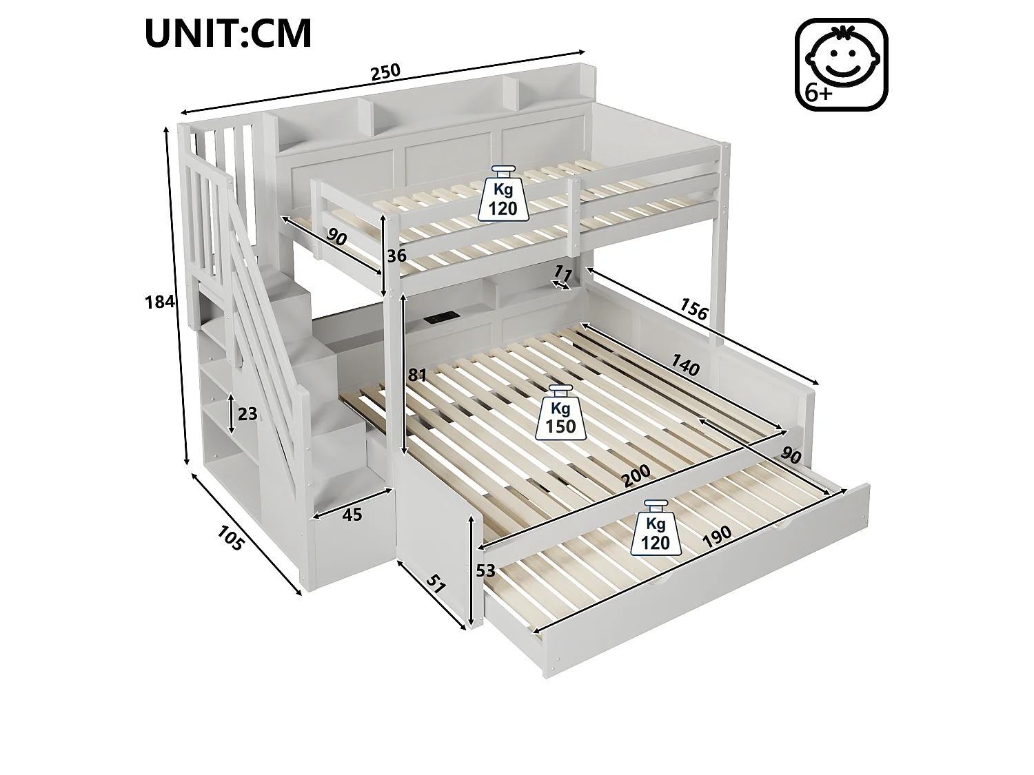 Våningssäng 90x200cm + 140x200cm - med utdragssäng - med förvaringsstege och USB-port - MDF - Grå (utan madrass)