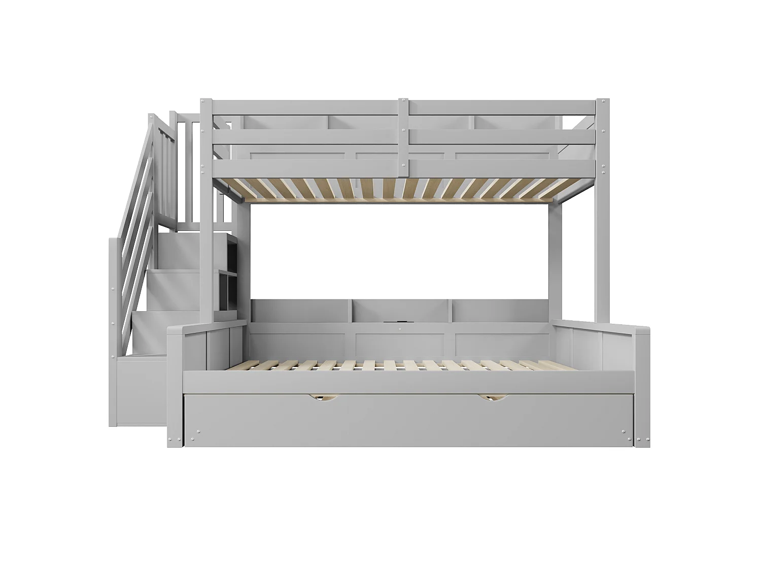 Våningssäng 90x200cm + 140x200cm - med utdragssäng - med förvaringsstege och USB-port - MDF - Grå (utan madrass)