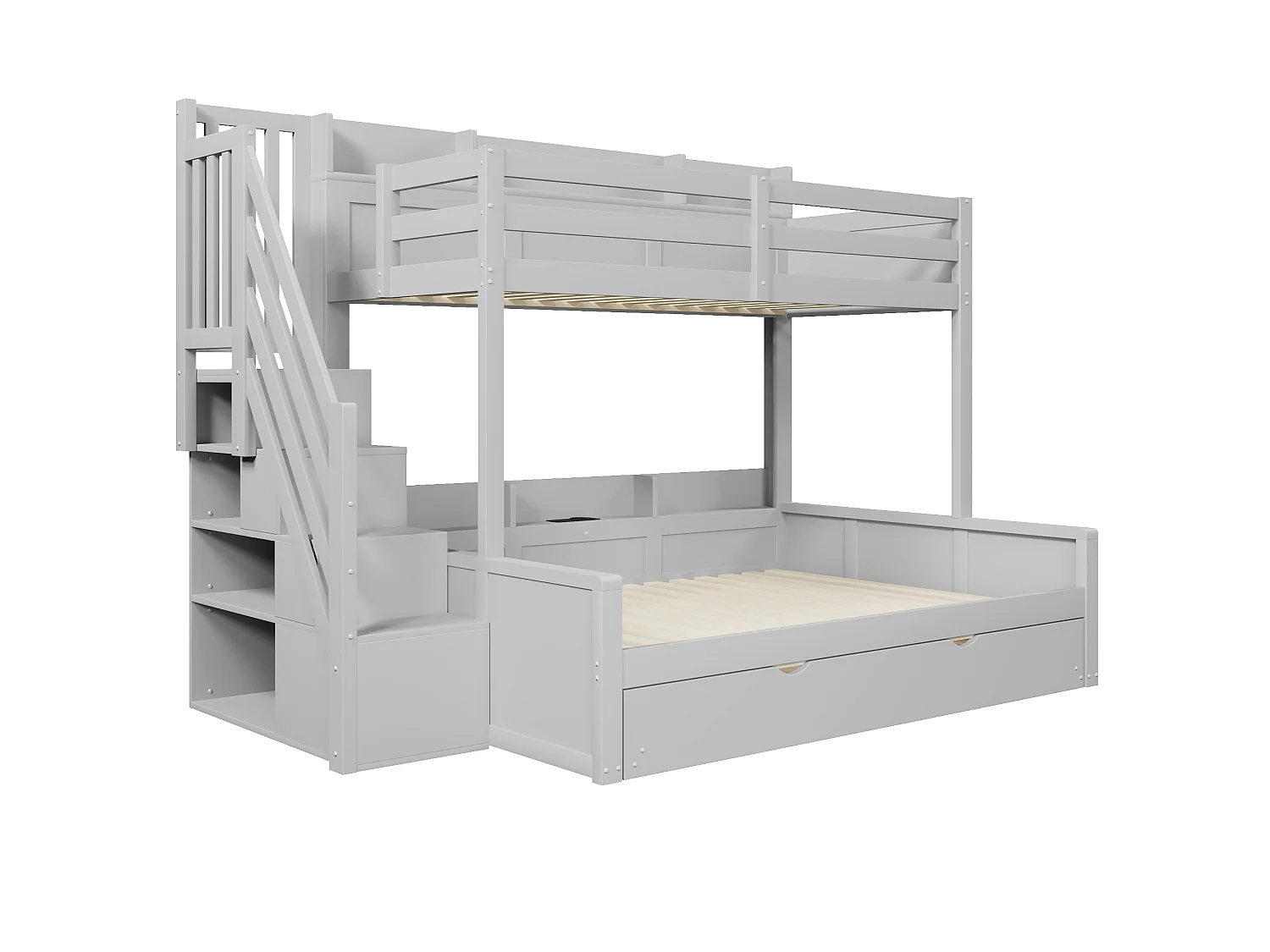 Våningssäng 90x200cm + 140x200cm - med utdragssäng - med förvaringsstege och USB-port - MDF - Grå (utan madrass)