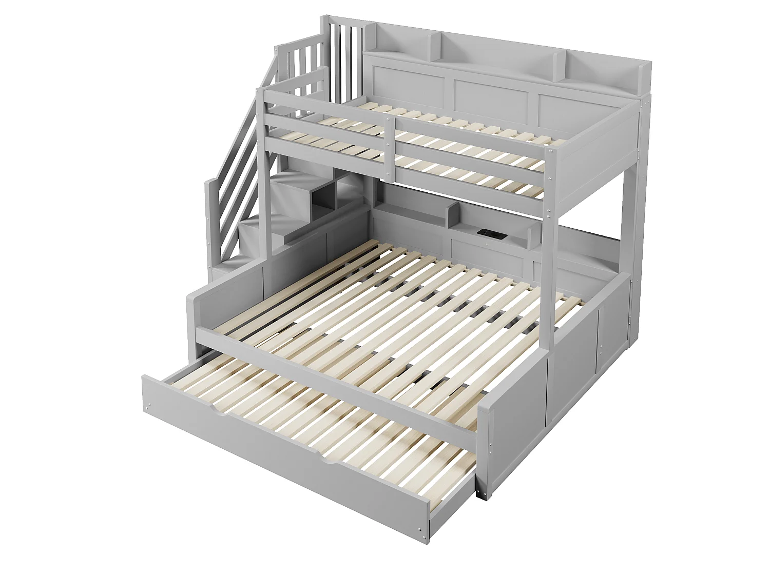 Våningssäng 90x200cm + 140x200cm - med utdragssäng - med förvaringsstege och USB-port - MDF - Grå (utan madrass)