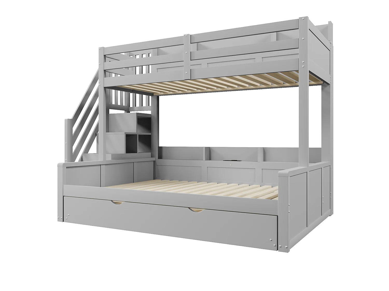Våningssäng 90x200cm + 140x200cm - med utdragssäng - med förvaringsstege och USB-port - MDF - Grå (utan madrass)