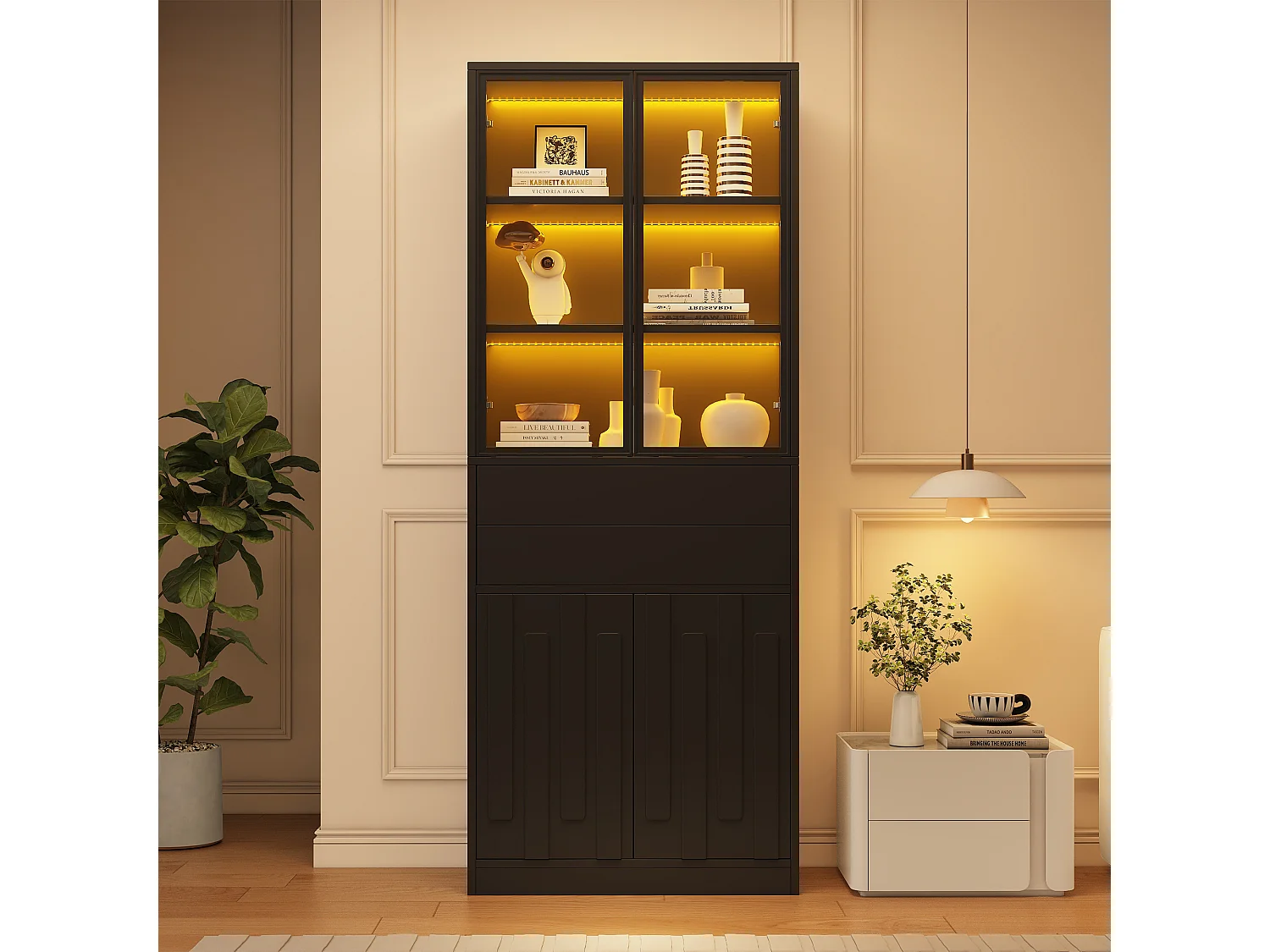 Display case 70x34x180 cm - 4 doors and 2 drawers - Glass display case with LED lighting - Particle board - Black