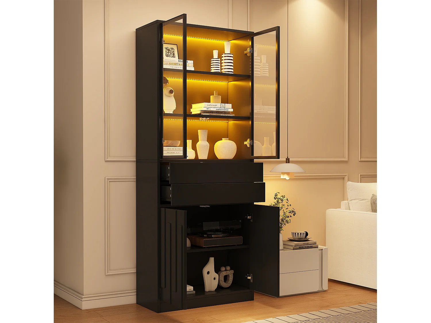 Display case 70x34x180 cm - 4 doors and 2 drawers - Glass display case with LED lighting - Particle board - Black