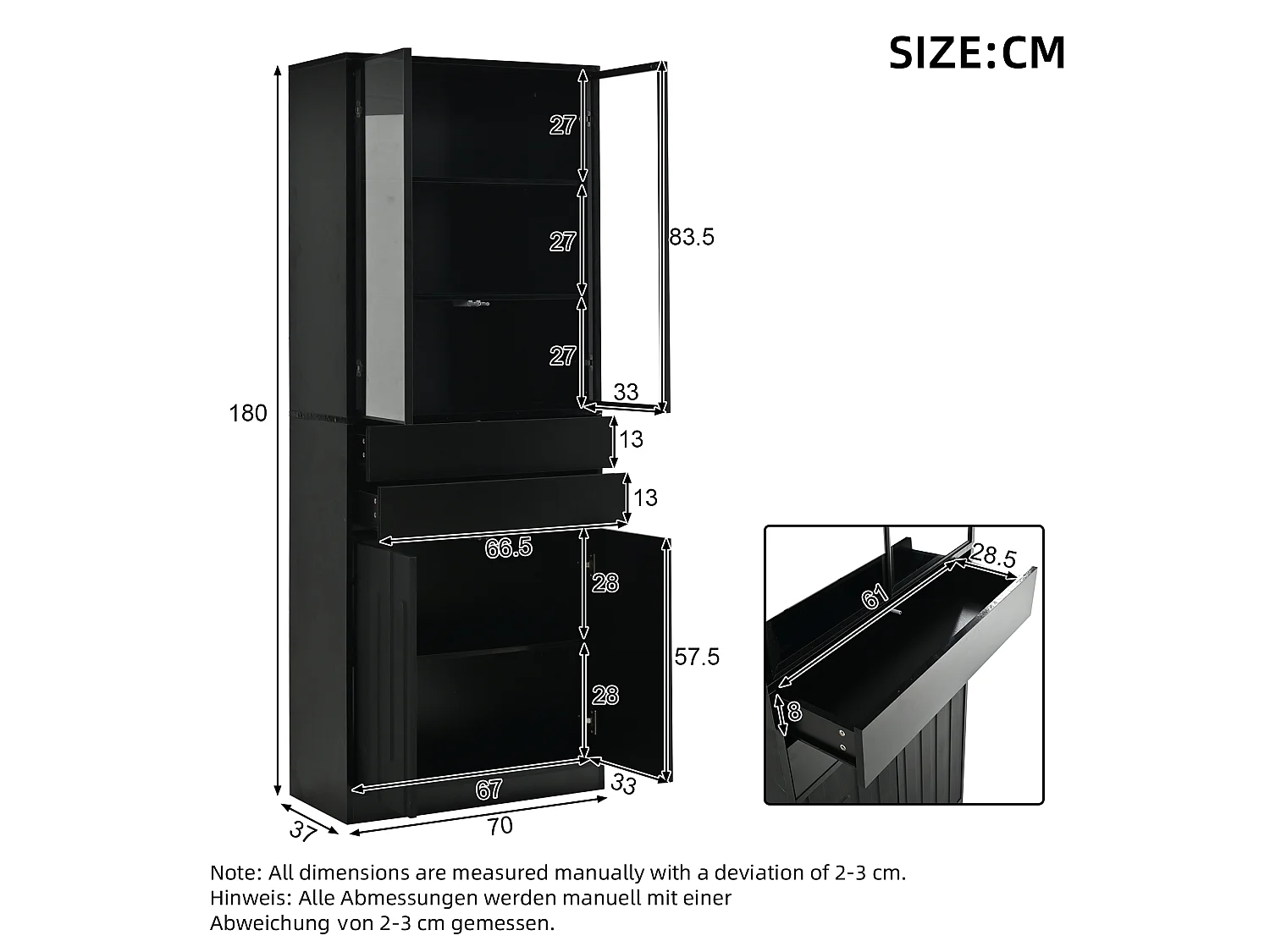 Display case 70x34x180 cm - 4 doors and 2 drawers - Glass display case with LED lighting - Particle board - Black
