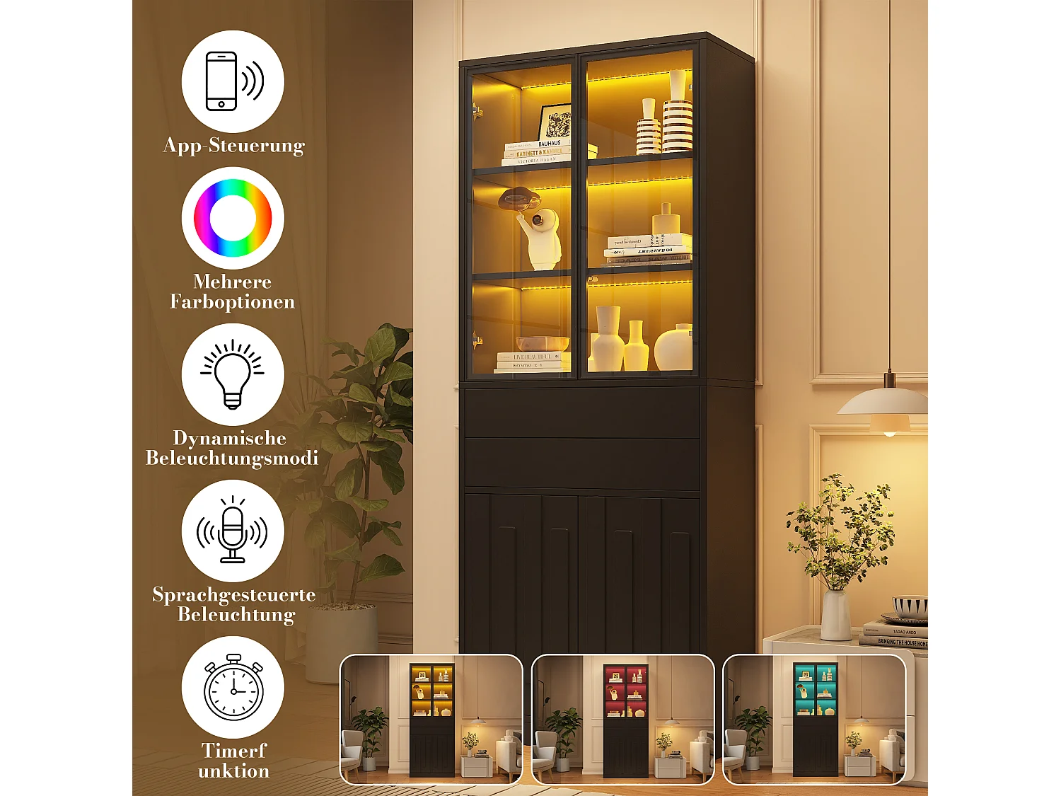 Display case 70x34x180 cm - 4 doors and 2 drawers - Glass display case with LED lighting - Particle board - Black