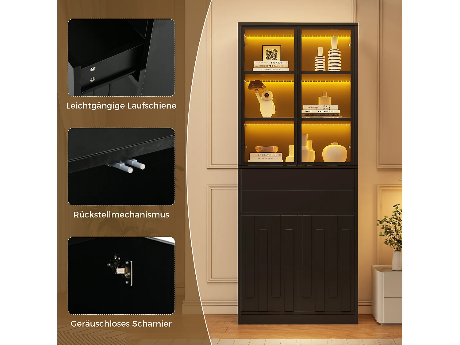 Display case 70x34x180 cm - 4 doors and 2 drawers - Glass display case with LED lighting - Particle board - Black