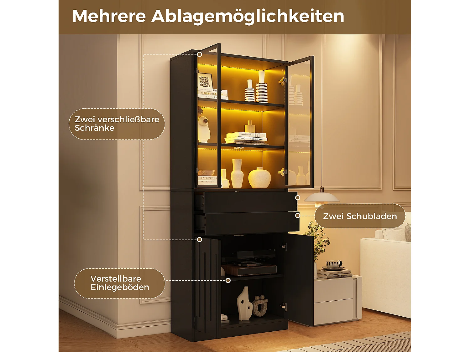 Display case 70x34x180 cm - 4 doors and 2 drawers - Glass display case with LED lighting - Particle board - Black