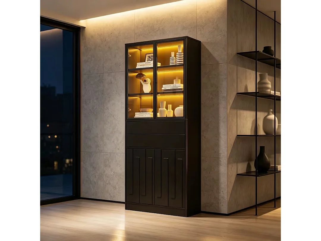 Display case 70x34x180 cm - 4 doors and 2 drawers - Glass display case with LED lighting - Particle board - Black