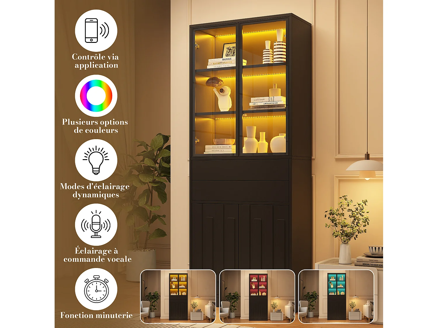 Display case 70x34x180 cm - 4 doors and 2 drawers - Glass display case with LED lighting - Particle board - Black