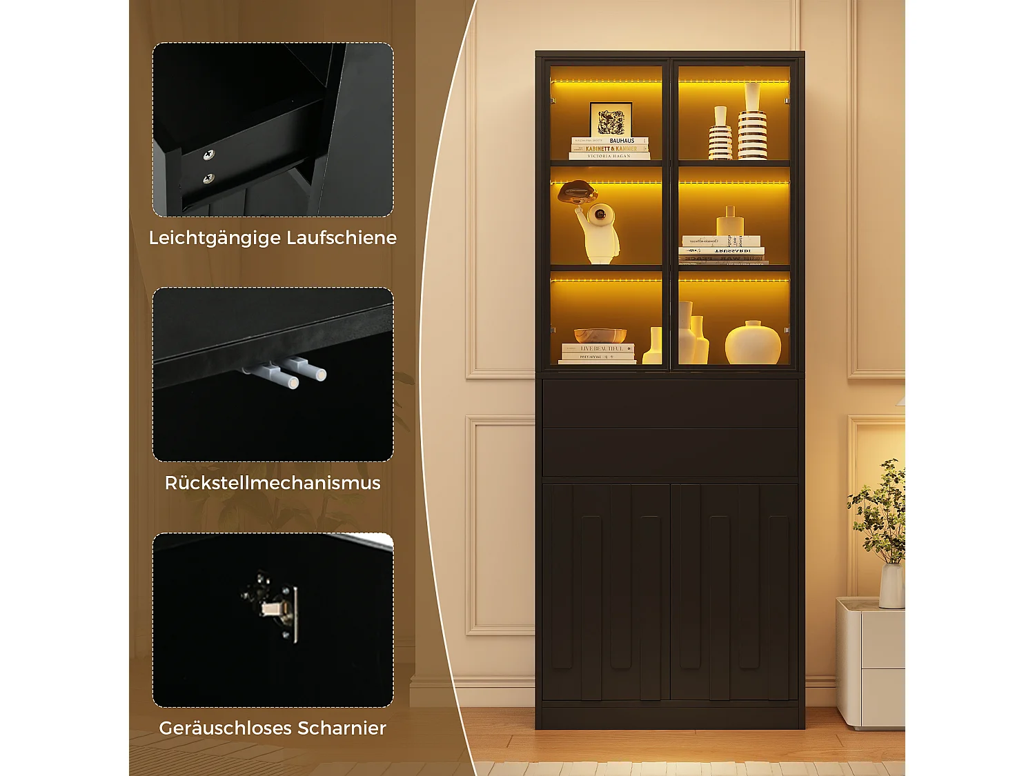 Display case 70x34x180 cm - 4 doors and 2 drawers - Glass display case with LED lighting - Particle board - Black