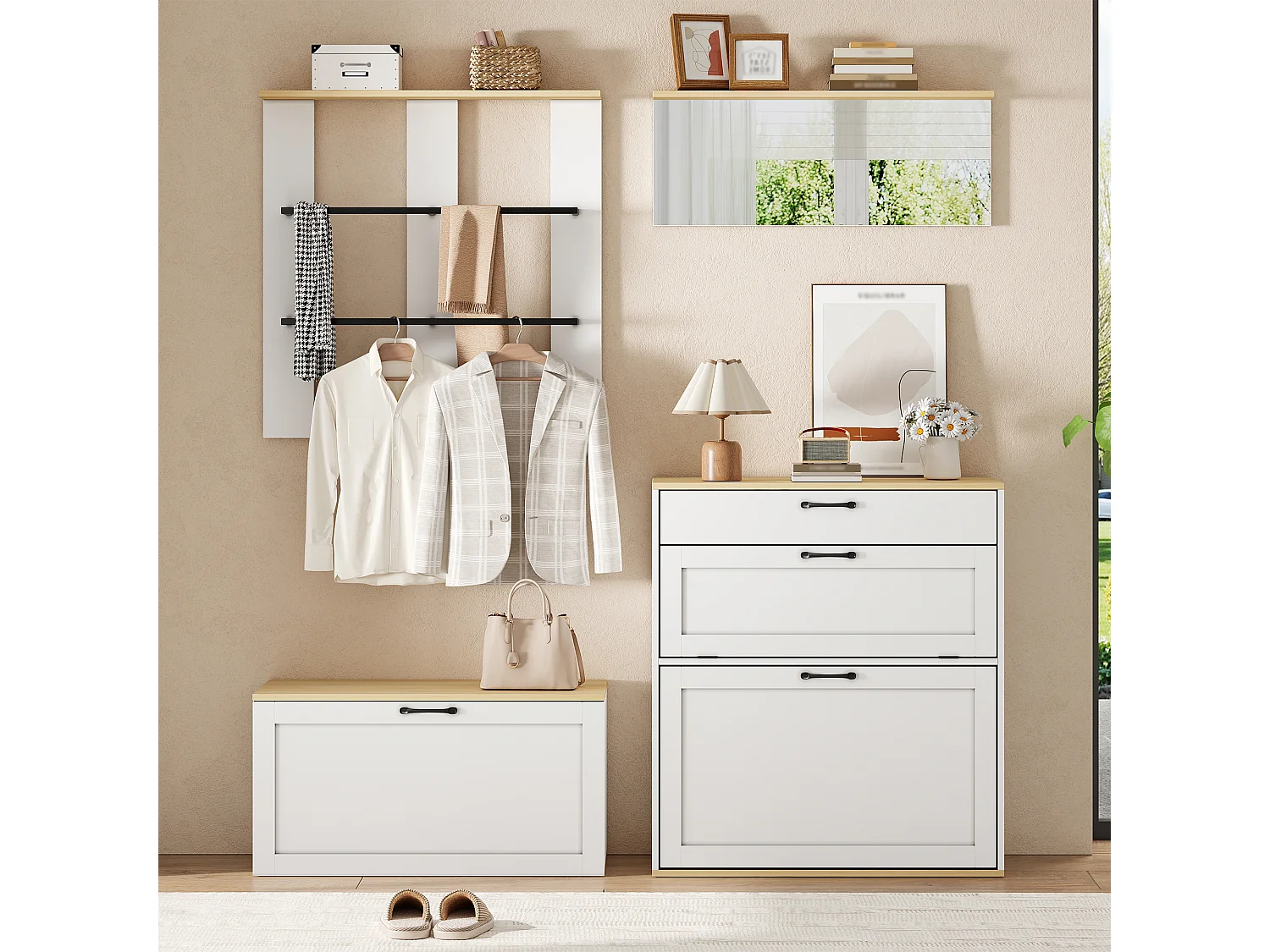 Schuhschrank mit Sitzbank, Spiegel und Kleiderstange – 3 Türen und Schublade – MDF und Spanplatte – 156 x 36 x 176 cm – Weiß und Holz