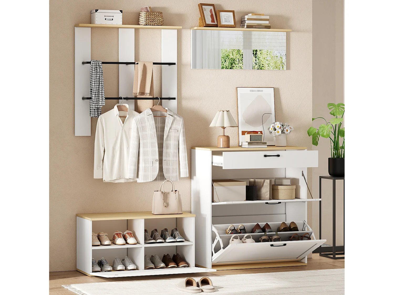 Schuhschrank mit Sitzbank, Spiegel und Kleiderstange – 3 Türen und Schublade – MDF und Spanplatte – 156 x 36 x 176 cm – Weiß und Holz