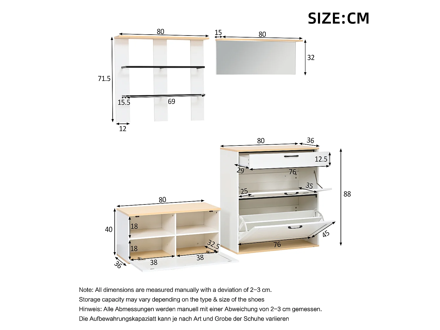 Schuhschrank mit Sitzbank, Spiegel und Kleiderstange – 3 Türen und Schublade – MDF und Spanplatte – 156 x 36 x 176 cm – Weiß und Holz