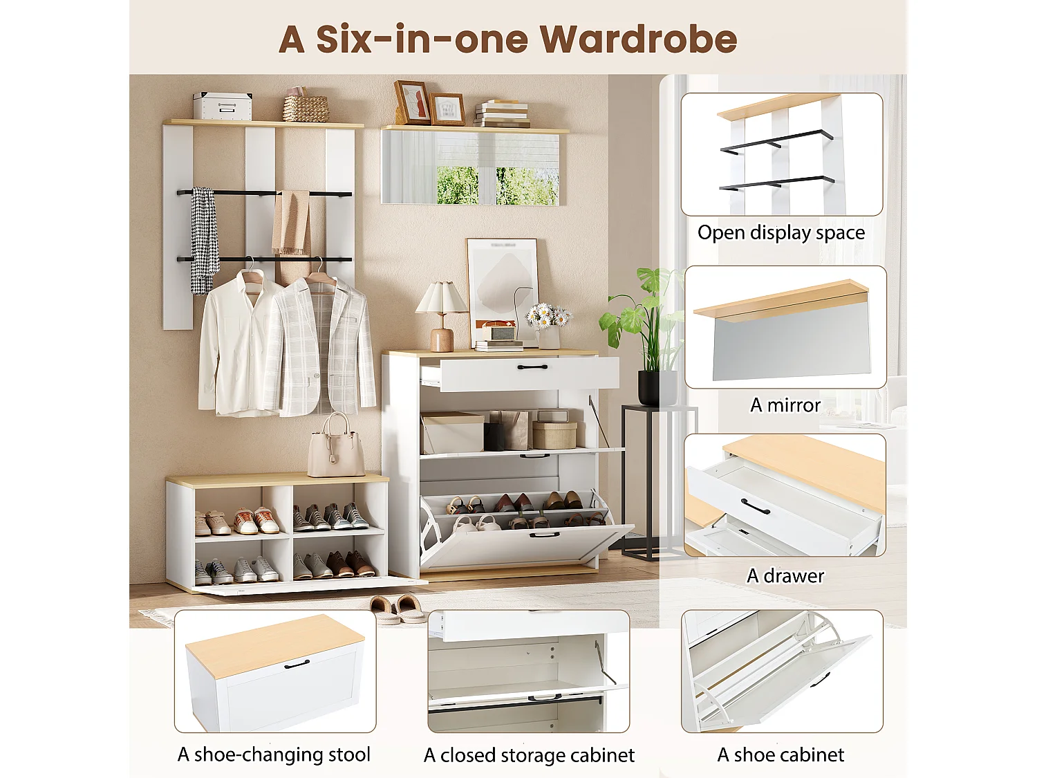 Schuhschrank mit Sitzbank, Spiegel und Kleiderstange – 3 Türen und Schublade – MDF und Spanplatte – 156 x 36 x 176 cm – Weiß und Holz