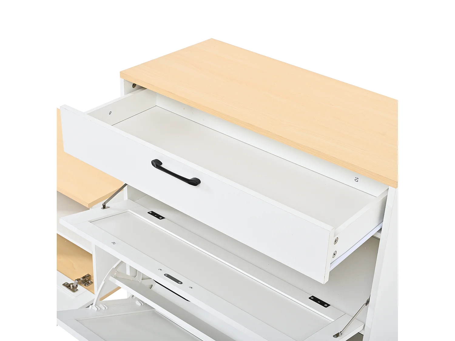Schuhschrank mit Sitzbank, Spiegel und Kleiderstange – 3 Türen und Schublade – MDF und Spanplatte – 156 x 36 x 176 cm – Weiß und Holz