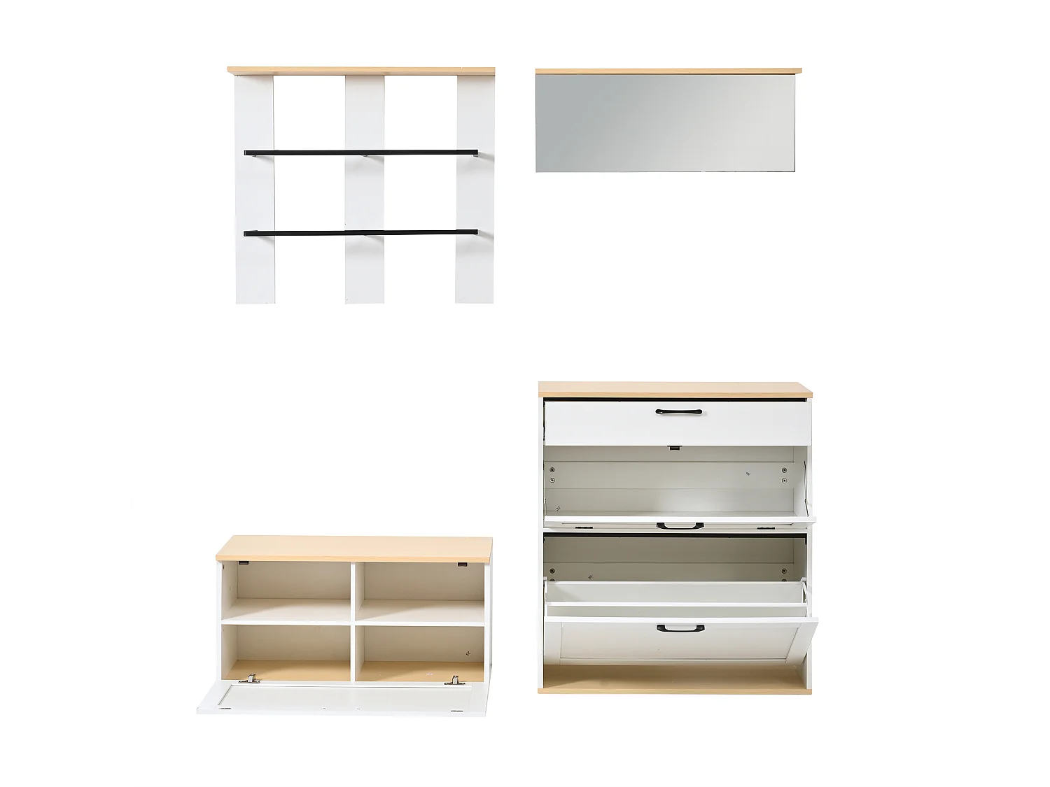 Schuhschrank mit Sitzbank, Spiegel und Kleiderstange – 3 Türen und Schublade – MDF und Spanplatte – 156 x 36 x 176 cm – Weiß und Holz