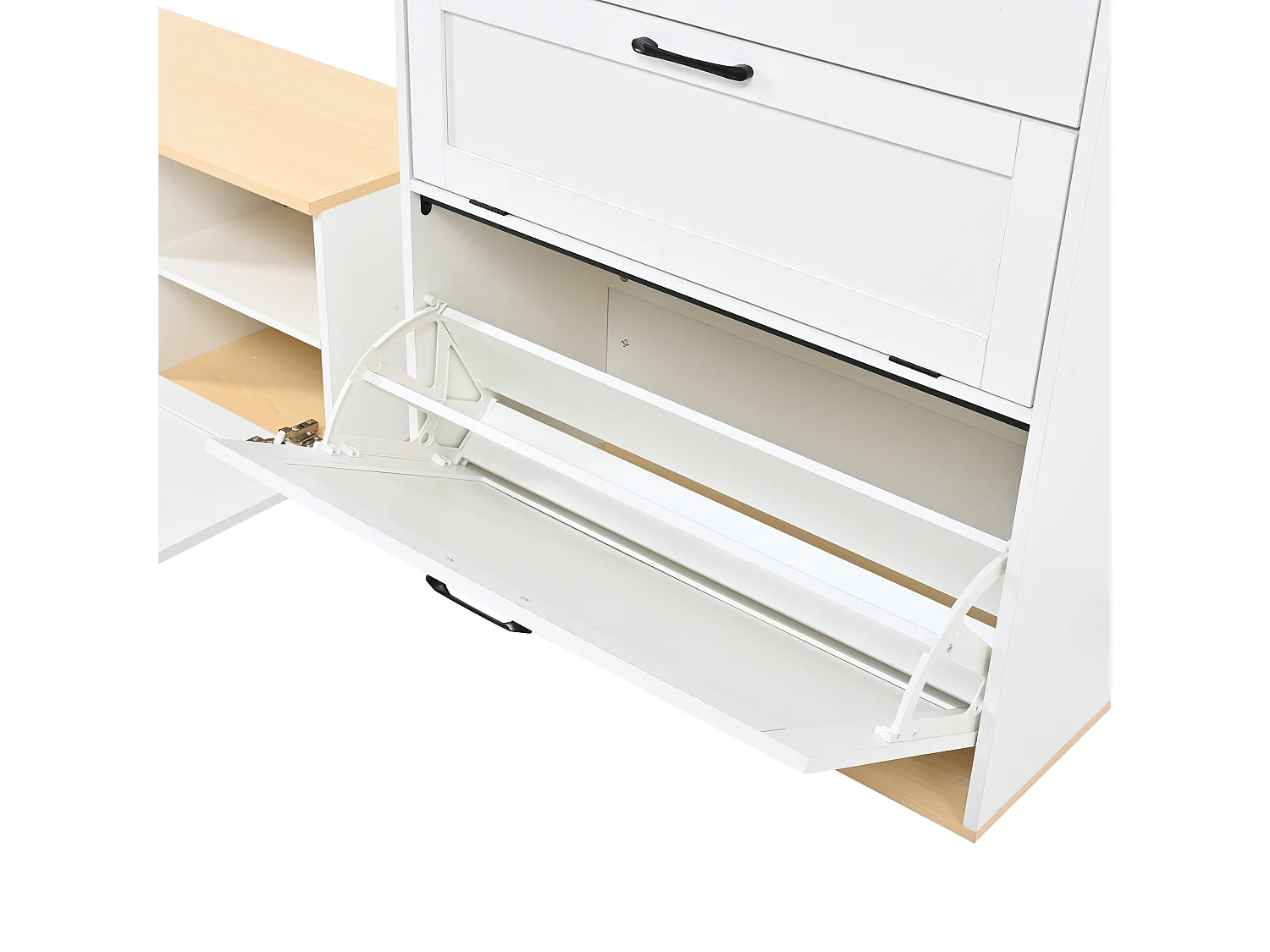 Schuhschrank mit Sitzbank, Spiegel und Kleiderstange – 3 Türen und Schublade – MDF und Spanplatte – 156 x 36 x 176 cm – Weiß und Holz