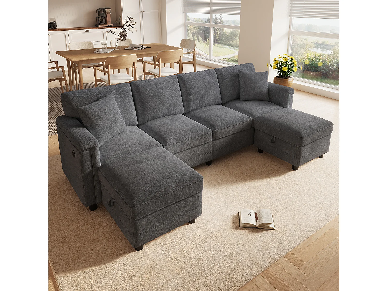 Canapé d'angle 4 places en forme de U/L 261 × 134 × 82 cm - avec 2 poufs de rangement et 2 coussins - tissu chenille - gris