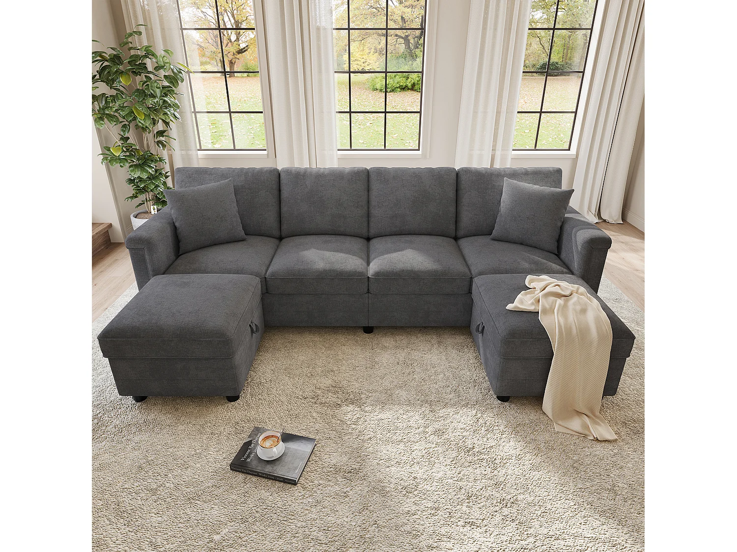 Canapé d'angle 4 places en forme de U/L 261 × 134 × 82 cm - avec 2 poufs de rangement et 2 coussins - tissu chenille - gris